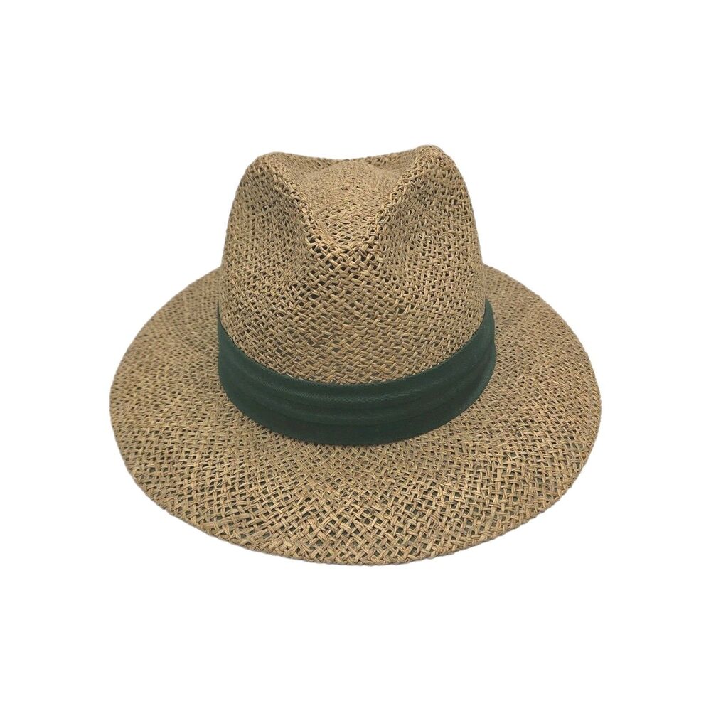 Summer Club Straw Hat Beige Green Band UV Protection Men Large Panama Style